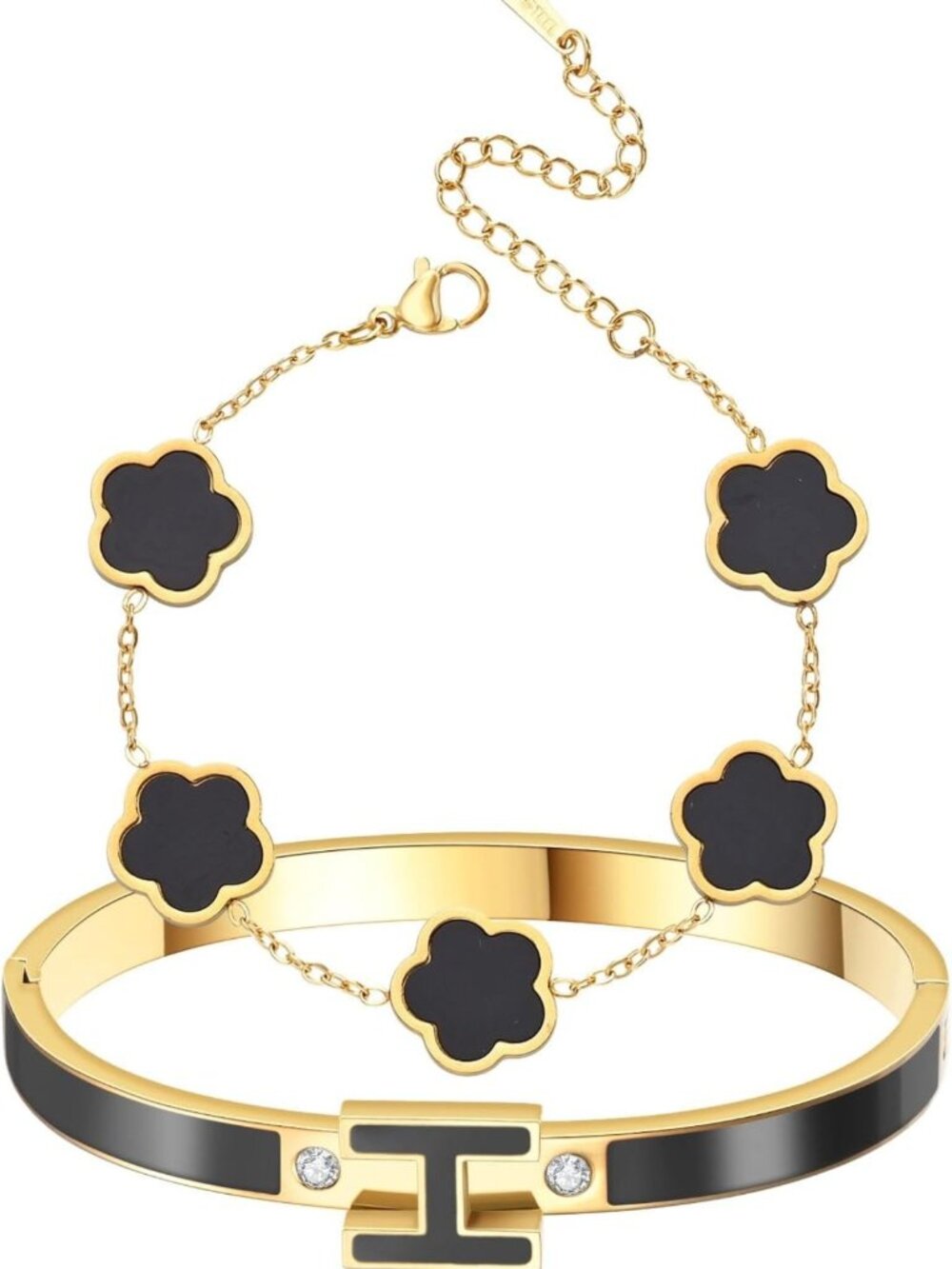 Elegant Gold Plated Bangle & Clover Bracelet Set - Stainless Steel Fashion